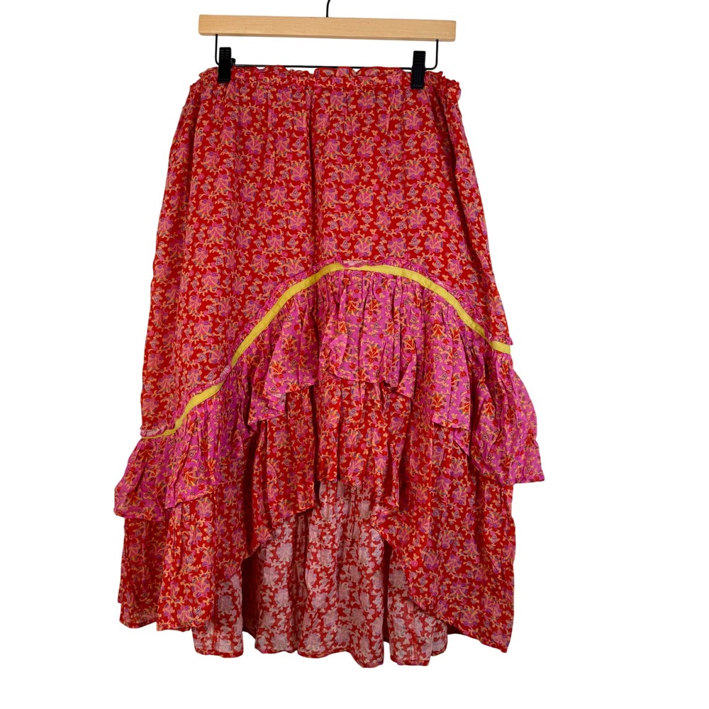 Sundance Nami Ruffled Floral Print Cotton Tiered Midi Skirt Large BOHO Lagenlook